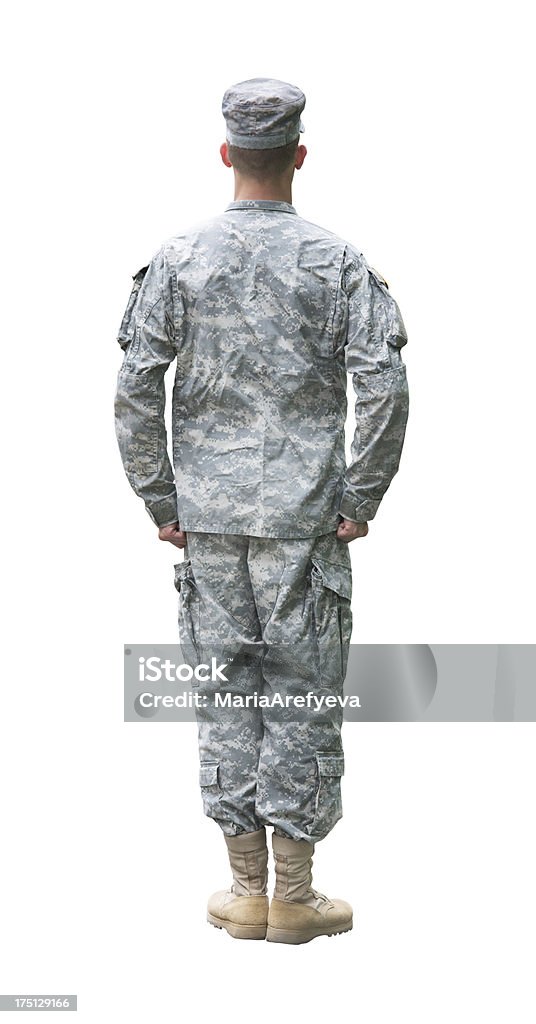 Nós soldado em atenção a posição isolada no branco "backgr - Foto de stock de Forças armadas royalty-free
