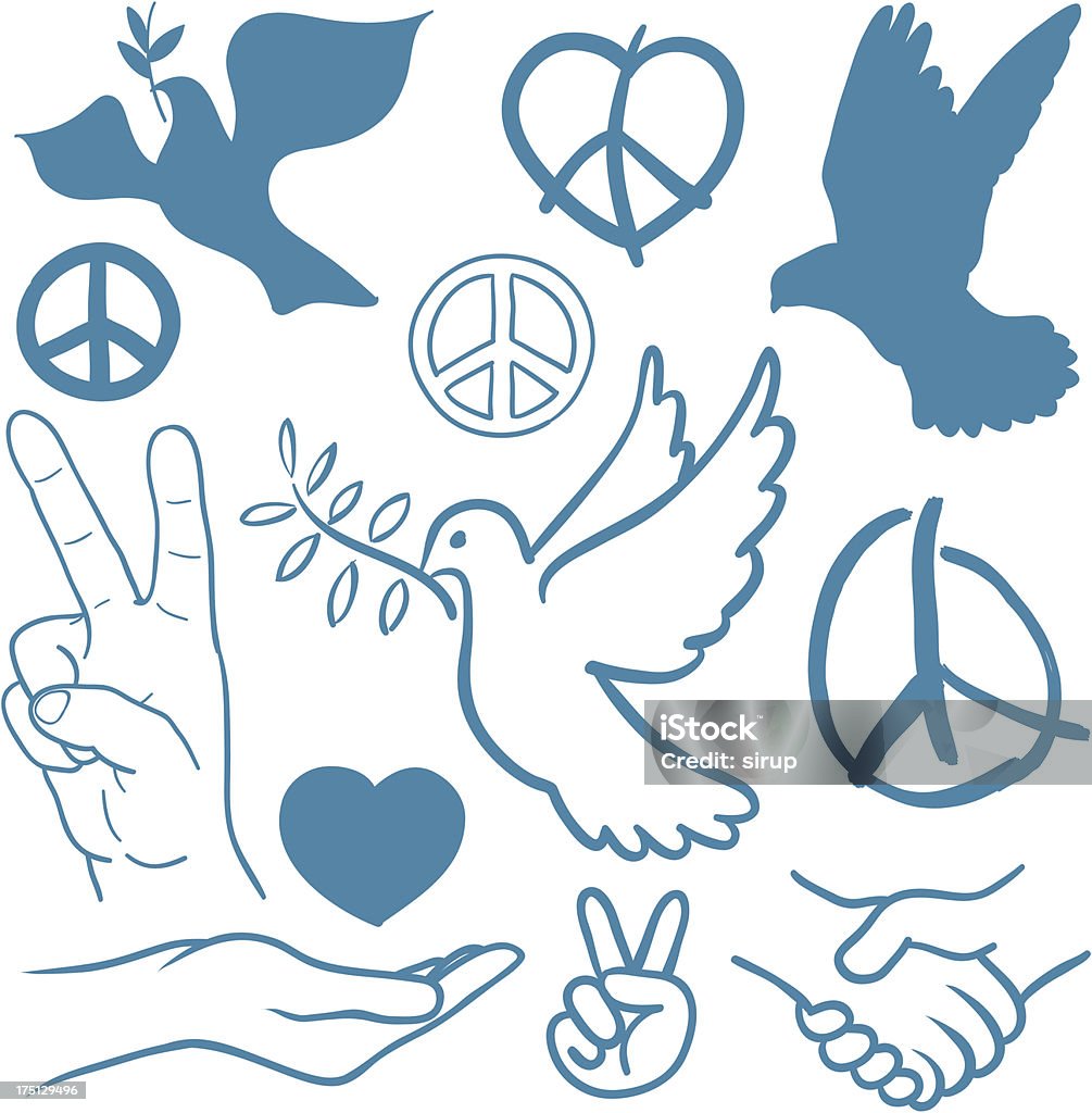 Collection of peace and love themed icons Collection of peace and love themed icons with white doves flying carrying olive branches, v-sign hand gesture, handshake of friendship, hearts, a cupped nurturing hand and v-sign antiwar icon Peace Sign - Gesture stock vector