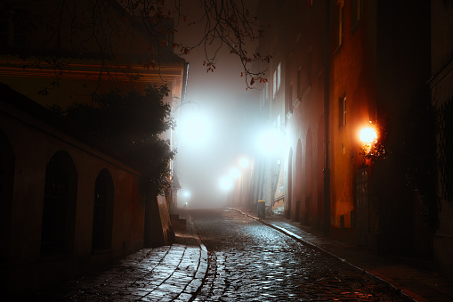 Street in Old Town, Night, Fog