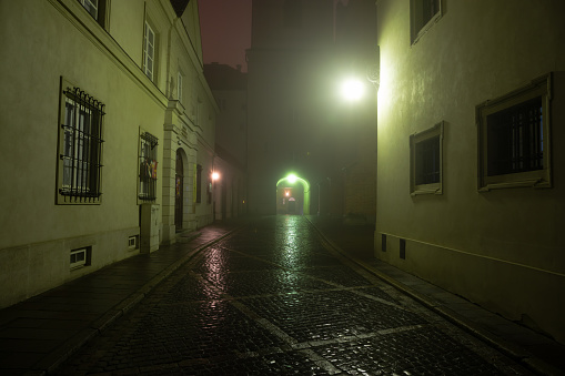 In Old Town in Warsaw, Night, Fog, Poland