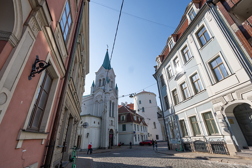 view of the historic streets of old town of Riga, Latvia