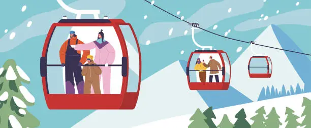 Vector illustration of Passenger Characters Enjoy Breathtaking Views From A Cable Car Suspended High Above, Capturing The Thrill And Wonder