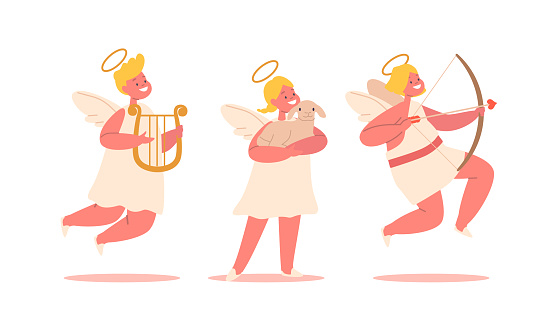 Cute Angels or Cherubs Holding Harp, Lamb and Bow with Arrow. Pure, Charming, And Delightful Heavenly Characters With Cherubic Smiles, Spreading Love And Joy. Cartoon Vector Illustration