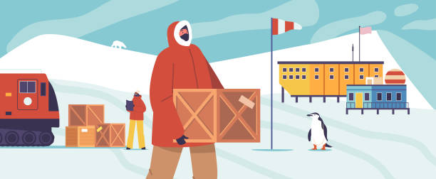 ilustraciones, imágenes clip art, dibujos animados e iconos de stock de exploradores polares cargando cajas de madera en la estación científica. personajes científicos en el paisaje antártico con pingüino - arctic station snow science