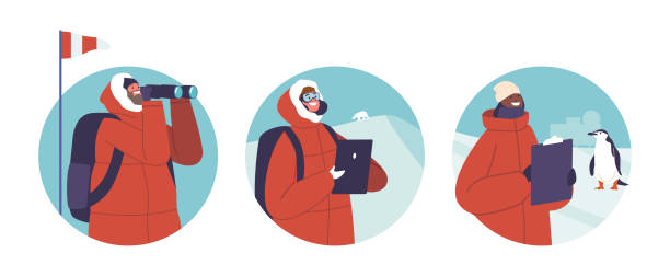 ilustraciones, imágenes clip art, dibujos animados e iconos de stock de iconos redondos aislados o avatares científicos polares personajes masculinos y femeninos estudian las regiones polares, investigando el hielo, el clima - arctic station snow science