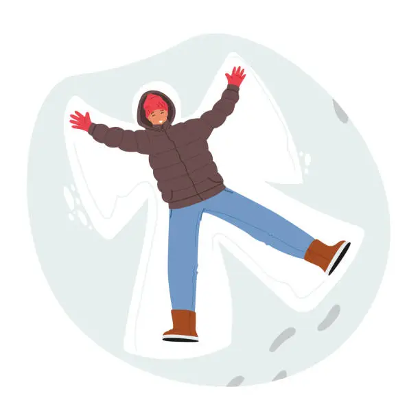 Vector illustration of Man Joyfully Lies In Freshly Fallen Snow, Moving His Arms And Legs To Make Snow Angels, Character Leaving Imprints