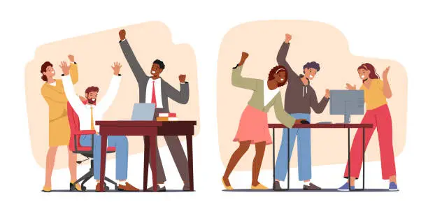 Vector illustration of Business Team Characters Rejoices Near Their Computers, Celebrating Success With Smiles, And Shared Sense Of Achievement