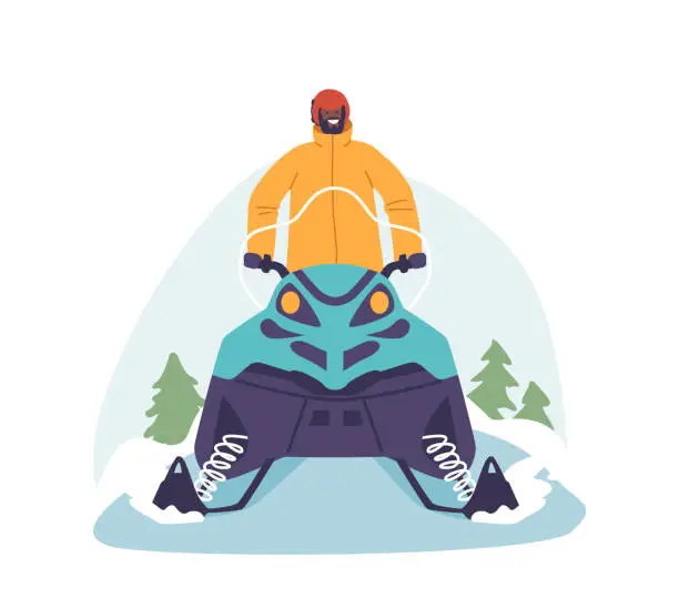 Vector illustration of Male Character, Bundled Up In Winter Gear, Skillfully Navigates A Snowmobile Through The Pristine Snow-covered Landscape