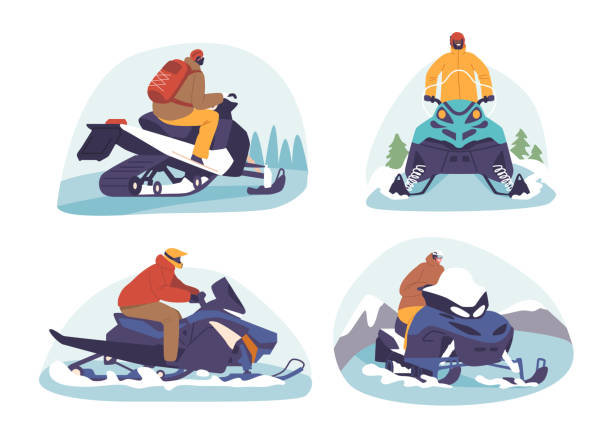 illustrations, cliparts, dessins animés et icônes de ensemble de conducteurs de motoneige. les amateurs de sensations fortes intrépides naviguent habilement sur des terrains glacés, à travers des paysages enneigés - snow jumping snowmobiling sled