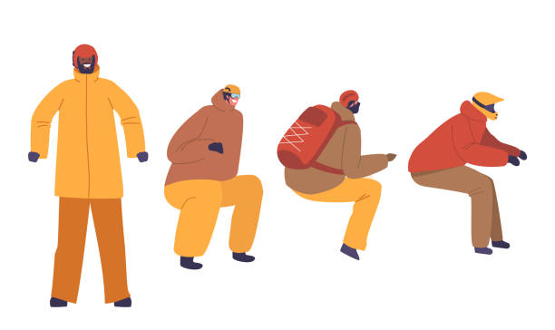 Male Characters In Snowmobile Driving Attire. Insulated Waterproof Jacket, Thermal Pants, Warm Gloves, Snow Boots Male Characters In Snowmobile Driving Attire. Insulated Waterproof Jacket, Thermal Pants, Warm Gloves, Snow Boots For Comfortable And Safe Ride In Wintry Conditions. Cartoon People Vector Illustration kids snow suits stock illustrations
