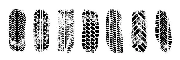 Vector illustration of Black tire tracks. Car, bike, motorcycle tyre marks with grunge effect set isolated on white background. Collection of different wheels footprints on the road. Top view of rubber protector marks