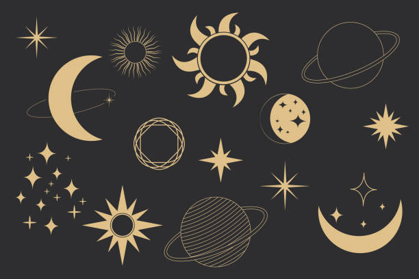 Set golden celestial frames, borders, arch line art esoteric minimal decoration with sparkles isolated on dark background. Vector illustration