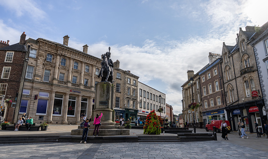 a view of Durham Market Square and the Charles William Vane Stewart statue, Durham, UK