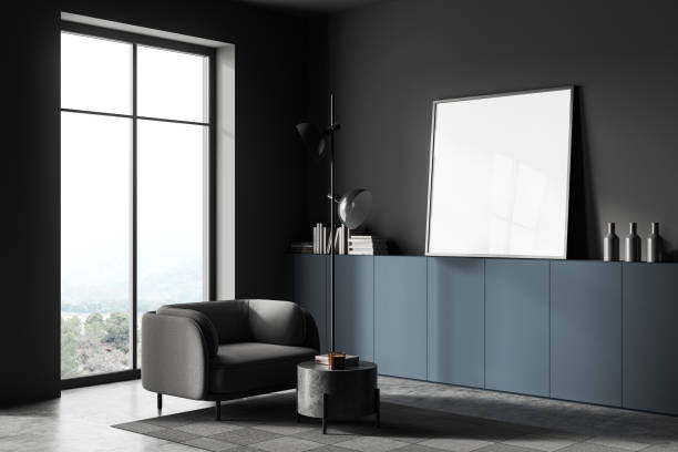 istock Dark home living room interior with chill zone and decoration, mockup frame 1751390320