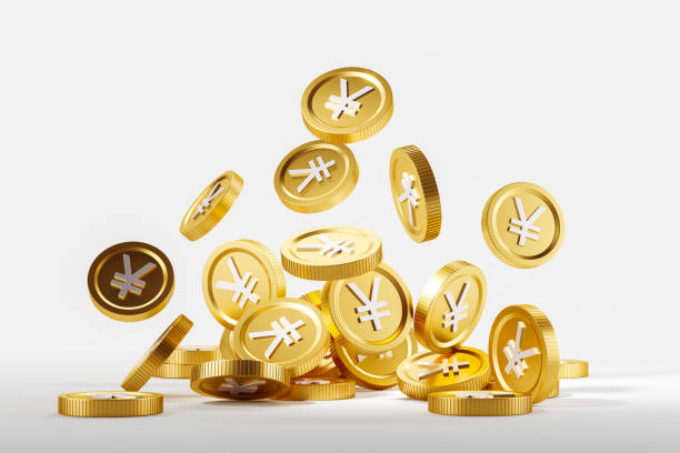 istock Rain of gold yuan coins falling on light grey background 1751390920