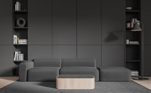 istock Gray living room interior with couch and bookcase 1751393044