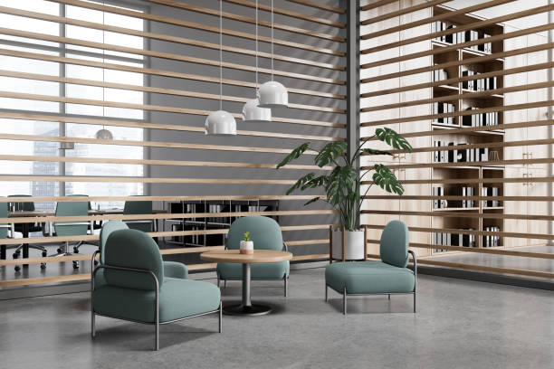 istock Modern coworking room interior with relax place, partition and panoramic window 1751394091