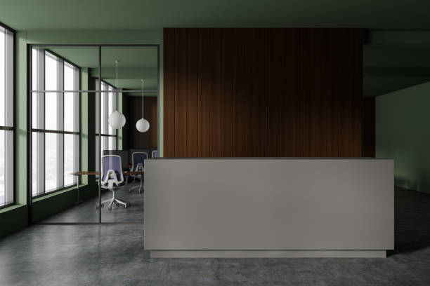 istock Green and wooden open space office interior with reception 1751398433