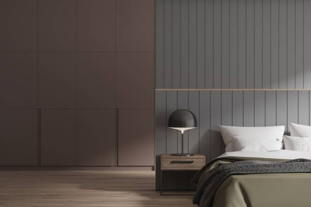 istock Modern home bedroom interior with bed, nightstand and shelf 1751399557