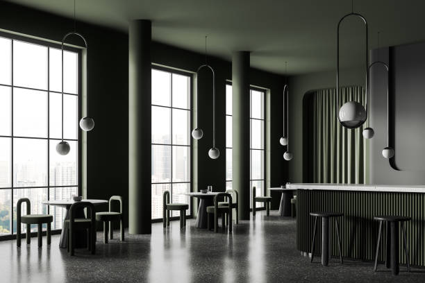 istock Green minimalist restaurant interior with furniture and panoramic window 1751406538