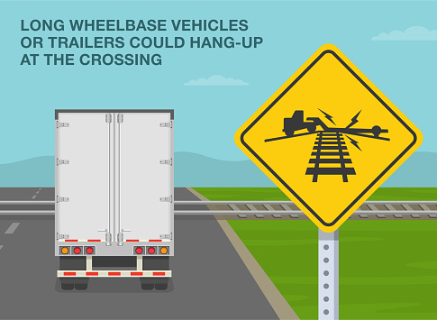 Safe driving tips and traffic regulation rules. Long wheelbase vehicles or trailers could hang-up at the crossings. Back view of a truck on road. Flat vector illustration template.