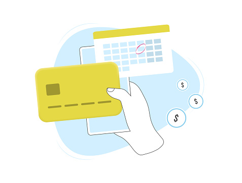 Subscription payment - monthly billing with calendar marking payment date alongside credit card icon. Payment process for subscribers, ideal for membership and recurring fees vector illustration.