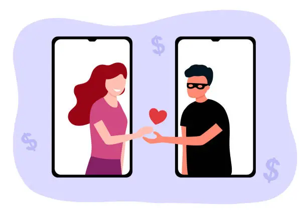 Vector illustration of Girl and scammer guy on mobile screen. Online dating scam on smartphone mobile app in flat design. Phone phishing.