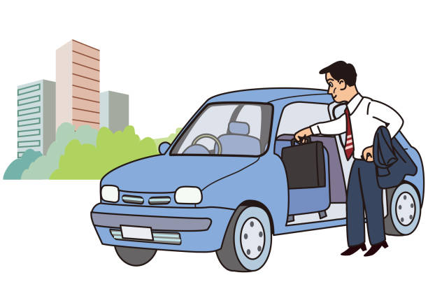 ilustraciones, imágenes clip art, dibujos animados e iconos de stock de un hombre de negocios se baja de su coche en un distrito de oficinas y está a punto de ir a una reunión de negocios. - leaving business landscape men