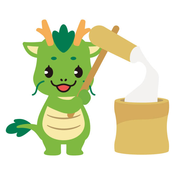 illustrations, cliparts, dessins animés et icônes de clipart d’un dragon mignon faisant des gâteaux de riz pour le nouvel an - hatsumode