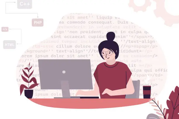 Vector illustration of Woman programmer or coder sitting at desk and working on computer. Website designer, developer social media wireframe. Front-end and back-end programming,