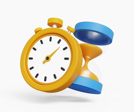 3D time management concept. Productivity, wrokflow, urgent work or deadline concept. Stopwatch with hourglass. 3d illustration