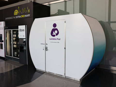 Chicago, Illinois, USA - Jun 28, 2023: A Mamava lactation pod (private breast-feeding suite) at Chicago O'Hare International Airport