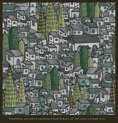 Abstract seamless pattern with houses. Watercolor background. Perfect for fabric, textile, wallpaper, kindergarten