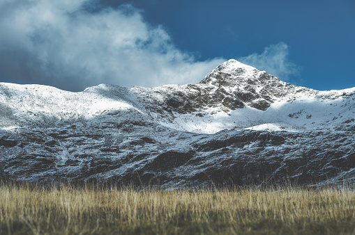 Horizontal mountain landscape with first autumn snowfall on the Italian alps