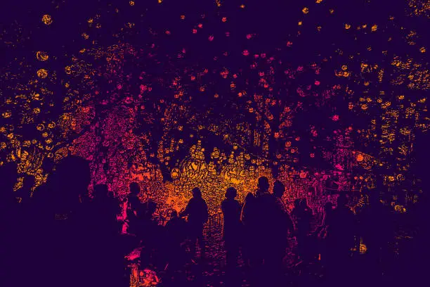 Vector illustration of Celebrating Halloween with large group of glowing Jack O' Lanterns