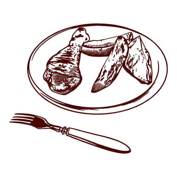 닭고기 한 조각, 감자 조각, 포크. 그래픽 스타일의 음식에 대한 벡터 그림입니다. 레스토랑, 카페, 식품 라벨, 표지 메뉴. - cooked barbecue eating serving stock illustrations
