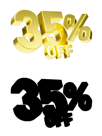 Gold 35% discount 3d symbol isolated on white background with alpha mask
