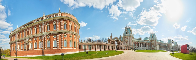 Moscow, Russia - May 5, 2022: Tsaritsyno Museum-Reserve. Historical building of the palace complex, panorama