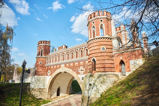 Moscow, Russia - May 5, 2022: Tsaritsyno Museum-Reserve. Historical building, bridge.