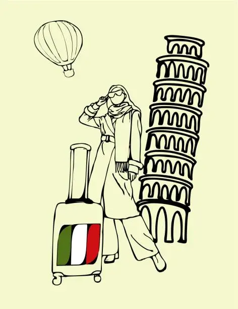 Vector illustration of Italy, Byzan tower, Europe, travel, vacation, Christmas travel bag, luggage, active lifestyle, girl, vector, illustration