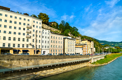 View of the Salzach river in Salzburg, Austria