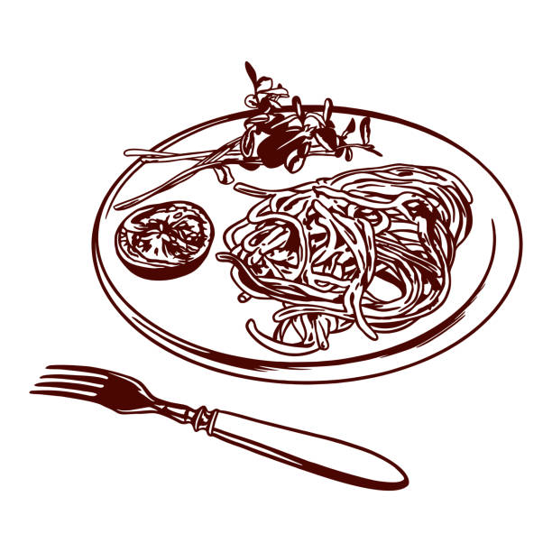 illustrazioni stock, clip art, cartoni animati e icone di tendenza di spaghetti su un piatto da portata, pomodoro, forchetta. illustrazione vettoriale del cibo in stile grafico. menu di ristoranti, caffè, snack bar, etichette alimentari, copertine. - chef lunch food gourmet
