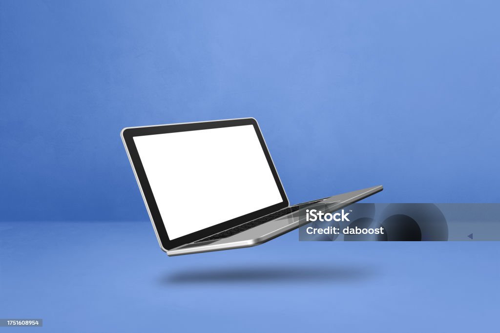 Flating Computer Floating Computer Laptop Isolated On Blue Horizontal Background Stock ...