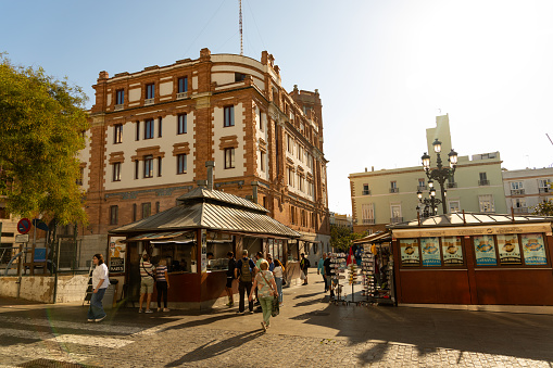 Cadiz, Spain 10-10-2023 Liberty square or in spanish Plaza de la Libertad with view to the post office and booths in Cadiz