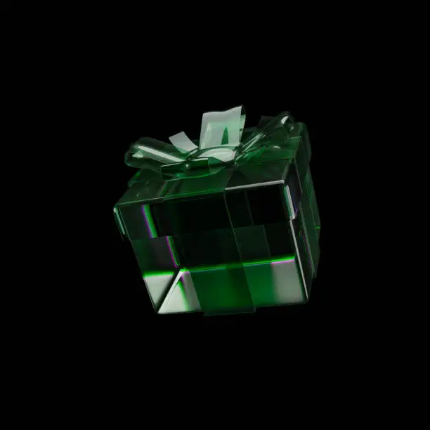 Gift box dispersion chromatic glass isolated over black background. Reflection and dispersion 3d render illustration. Box Transparent glass.