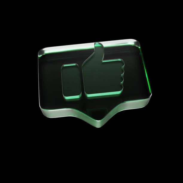Glass like bubble thumbs up social media sign or notification button 3d render. Speech bubble followers concept on different angle 3d illustration. Like dispersion chromatic glass isolated over black background. Reflection and dispersion