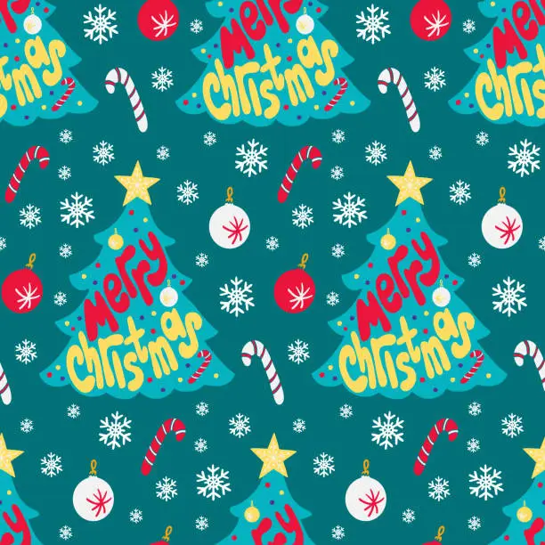 Vector illustration of Christmas pattern with retro groovy lettering