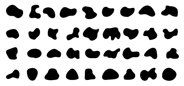 Collection set of blob shape organic on white background. Random black cube drops simple shapes. Amoeba, pebble, inkblot, drops and stone silhouettes. Handdrawn liquid black blotch spot irregular form
