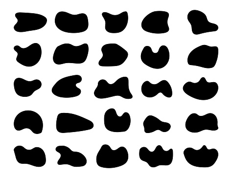 Collection set of blob shape organic on white background. Random black cube drops simple shapes. Amoeba, pebble, inkblot, drops and stone silhouettes. Handdrawn liquid black blotch spot irregular form