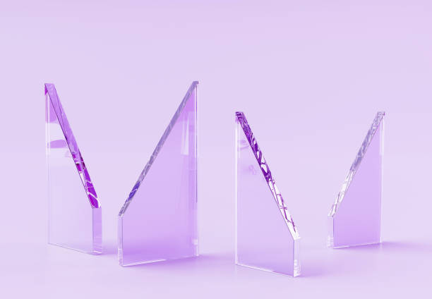 istock Broken glass shards on abstract geometric background 3d render. Triangle shattered pieces of crashed window, transparent crystal plates with sharp edges and hologram gradient texture 1751643329